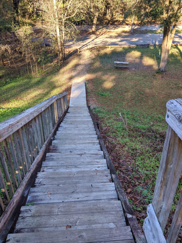 Looking back down the stairway from the top of an Indian mound